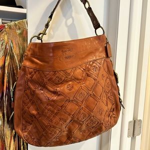 Vintage COACH large purse, leather embroidered detail, cognac leather